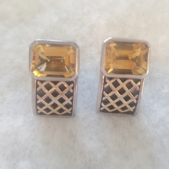Citrine Lattice .925 Oxidized Silver 14K Gold Design Post Earrings